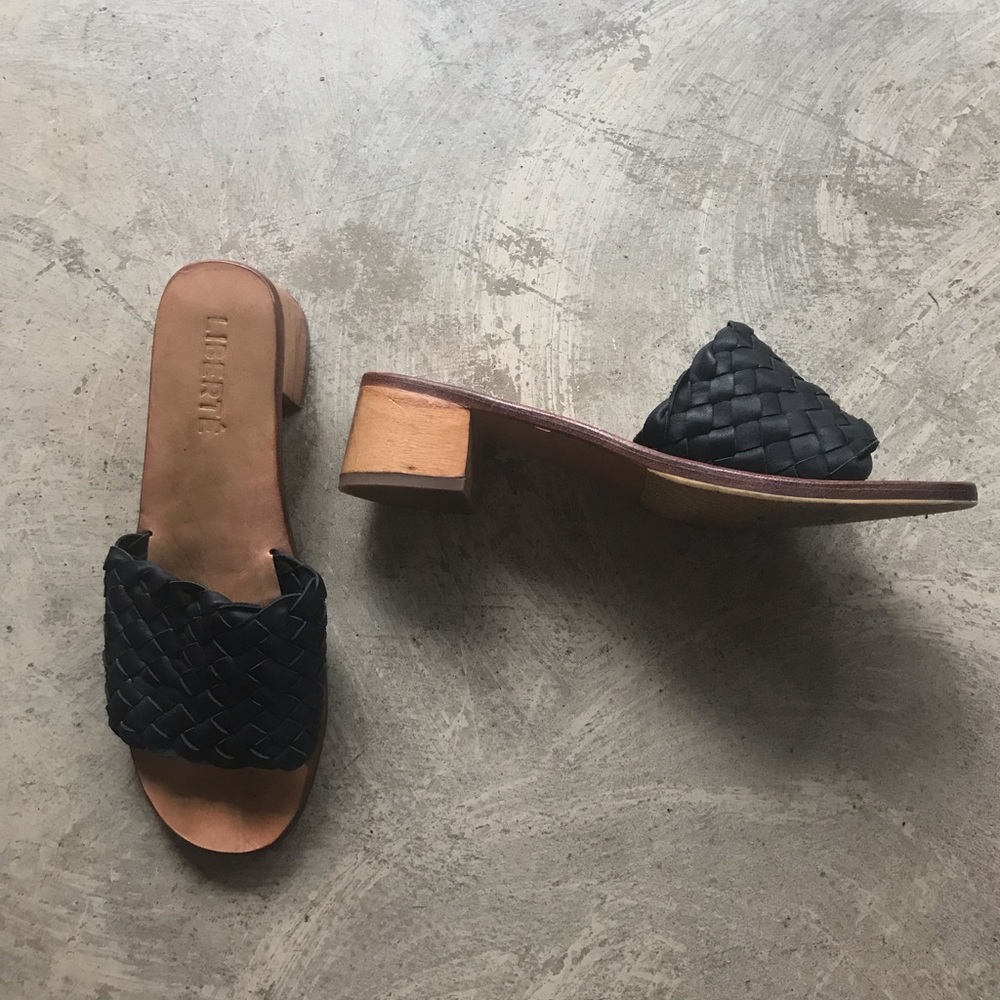 Woven Leather and Wood Slide Mules